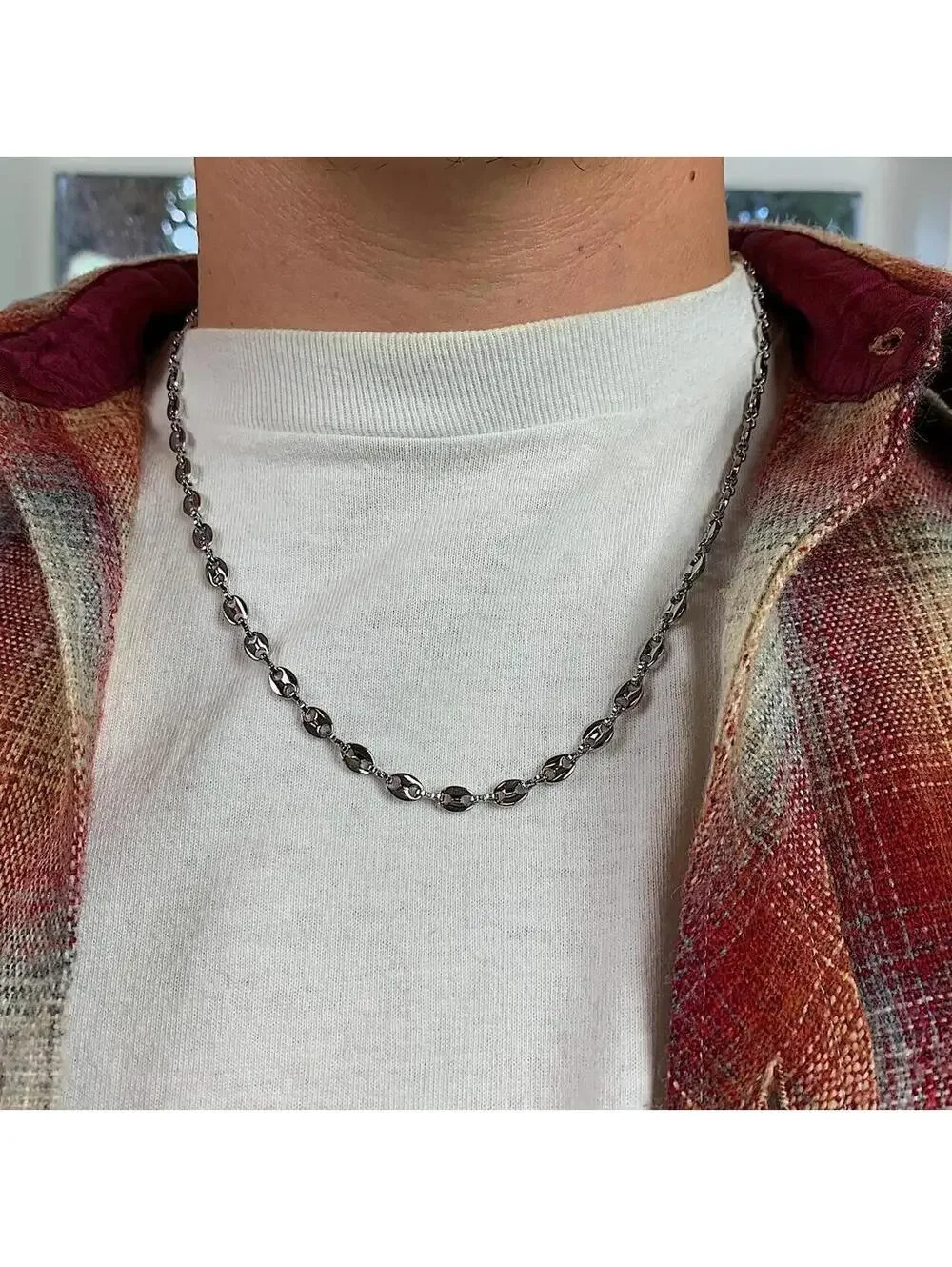 Y2k Cyber Vintage 2000s style Coffee Bean Stainless Steel Silver Necklace. High